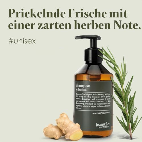 Foto von Jean & Len Feuchtigkeit Shampoo Rosemary & Ginger, für trockenes und sprödes Haar, mit Feuchtigkeitskomplex, würzig-frischer Duft von Rosmarin & Ingwer, ohne Parabene und Silikone, 300 ml
