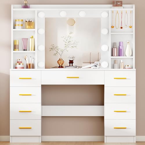ANWBROAD Dressing Table with Mirror and 10 LED Light Globes 3 Light Colours Adjustable Brightness Vanity Desk with 9 Drawers 6 Open Shelves 5 Hooks Modern Makeup Table White YBDT89W