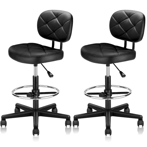 Image of KLASIKA PU Leather Rolling Stools with Foot Rest and Back Support, Adjustable Diamond Upholstered Drafting Chair with Wheels, Multi-Purpose Desk Chair for Home Office Bar Kitchen Shop, Black (2PK)
