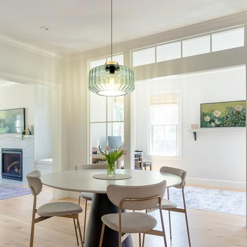 Image of Mint Green Plug in Pendant Light, Adjustable Hanging Light with Plug in Cord On /Off Switch, Striped Glass Chandelier for Bedroom, Kitchen Island, Dining Room