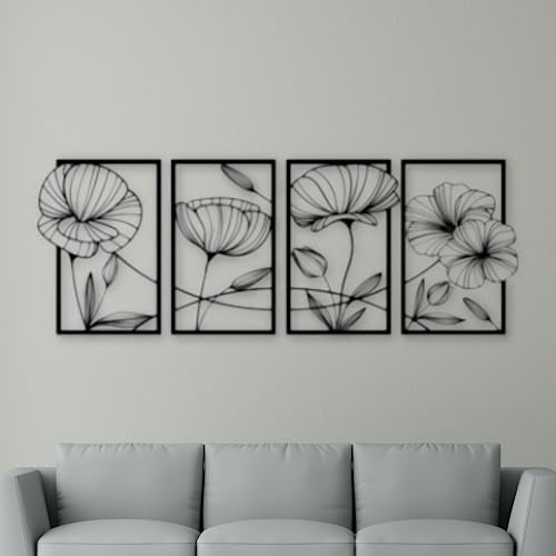 Image of 7 Decore Poppy Bloom Quartet 4-Panel Floral Wood Wall Decor | Wall Hanging Decoration for Living Room, Bedroom, Drawing Room, Dining Room & Office (Black) (Big Size Home Decor)