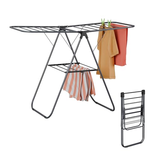 Relaxdays Wäscheständer klappbar, mit 2 Flügeln, 2 Ebenen, Flügelwäscheständer, HBT: 93x136x58 cm, Wäschetrockner, grau