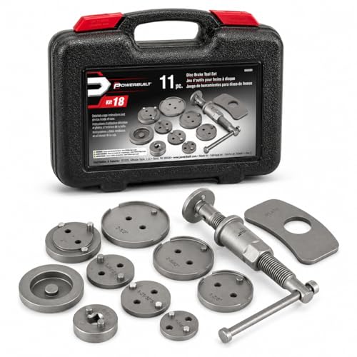 Powerbuilt Rear Disc Brake Adjust Tool Kit, Caliper Piston Adjustment, Vehicle Parking Brakes, T-Handle Center Screw, Adapters, Storage Case - 648601