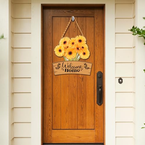 Image of GENXTRA Floral Welcome Home Wall Decor - Wooden Hanging Sign with Sunflower Style Blooms for Home Entrance gifting etc (Warm Bloom)