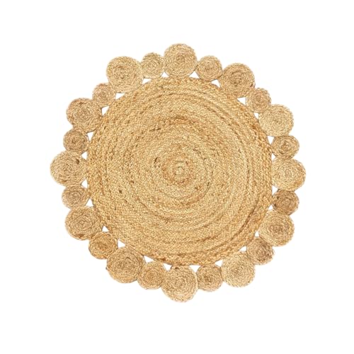 Image of Divine Handicrafts Cosmos Flower Round Jute Rug (80 cm) | Handmade Boho Area Floor Mat with Floral Border for Living Room, Bedroom & Kitchen