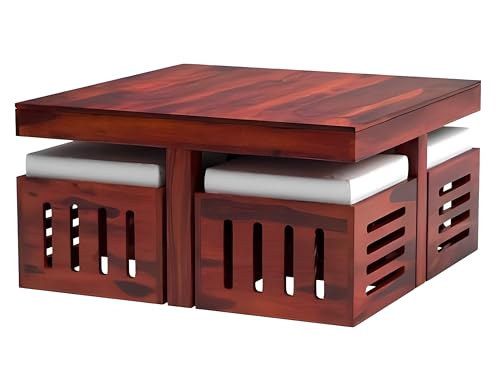 Image of Loonart Solid Sheesham Wood Coffee Table with Four Cushioned Stools | Idel for Living Room | Cafe | Restaurant | Space Saving Indoor Table Set | Finish Color - Mahogany Finish | Off White Cushion |