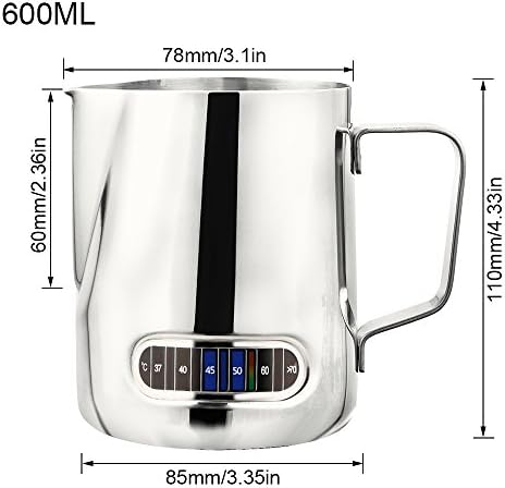 Milk Jug for Coffee Machine Use,600ml Small Stainless Steel Milk Frothing Pitcher with Thermometer Stainless Steel Suitable for Coffee, Latte & Cappuccino