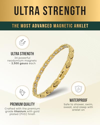 Image of MagnetRX Womens Magnetic Ankle Bracelet - Ultra Strength Magnetic Anklets with 34 Magnets - Titanium Ankle Bracelets for Women (Gold)