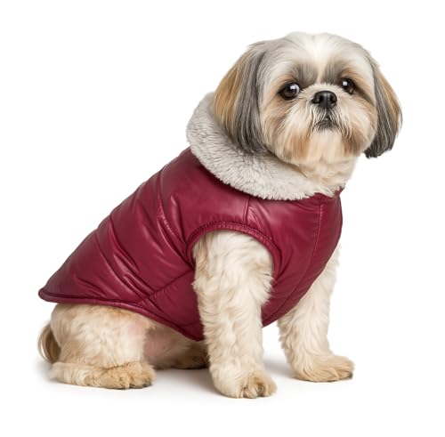Image of The Pets Company Dog Winter Coat Jacket, Clothes, Windproof, Waterproof, Light Weight, Washable, Ultra Warm Thick Fleece Lined Dog Vest for Cold Weather Protection, (Maroon, Small - 14 Inch)