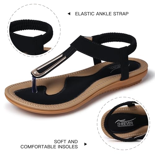 Image of SHIBEVER Womens Sandals Summer Flat: Dressy Casual T-Strap Flip Flop Thong Flats Sandals - Comfortable Walking