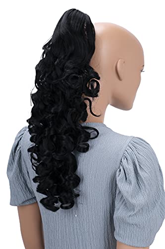 Postizo de coleta alta CAISHA de 50cm con trenza ondulada negra de gran cuerpo