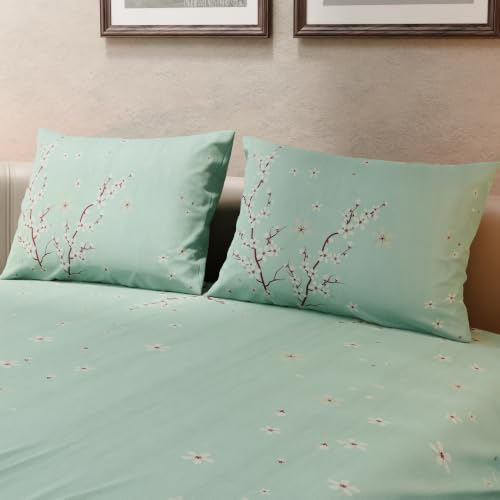 Image of BLISSHOME SoftTouch 140TC Cotton King Size Printed Bedsheet with 2 Pillow Covers for Double Bed, Silky Smooth Bedding Set, Breathable, Easy Maintain, Floral Print - Green, Ivory