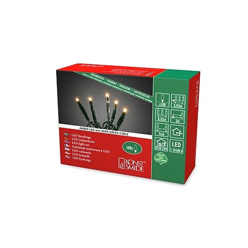 Konstsmide Micro LED Lichterkette, verschweißt, 100 bernsteinfarbene Dioden, 24V Innentrafo, dunkelgrünes Kabel - 6354-820