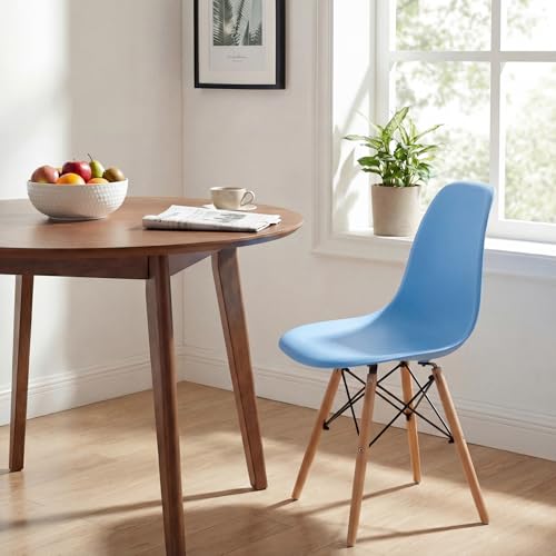 Image of Furmax Dining Chairs Set of 4, Mid Century Modern Plastic Dining Chair w /Curved Backrest & Wood Legs, DSW Shell Lounge Side Chair for Dining Room Living Room Apartment, Kitchen Chairs (Blue)