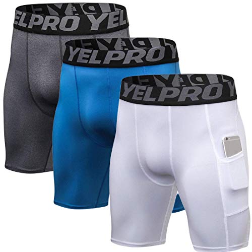 Mens Running Compression Shorts with Pocket Workout Cool Dry Underwear 3 Pack, Grey+blue+white