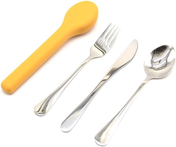 Portable Silverware Utensils Set with Silicon Case (Twilight Winter Yellow), 3 pcs Stainless Steel Cutlery Set (Fork Spoon Knife) For Camping School Picnic Office Travel
