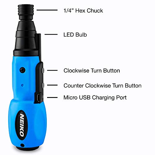 NEIKO 10577A Cordless Power Screwdriver | 1/4” Hex Auto-Lock Safety Chuck | Includes Phillips and Flathead Bit | USB Rechargeable Lithium-Ion Technology | Auto and Manual Mode by NEIKO - Image 3