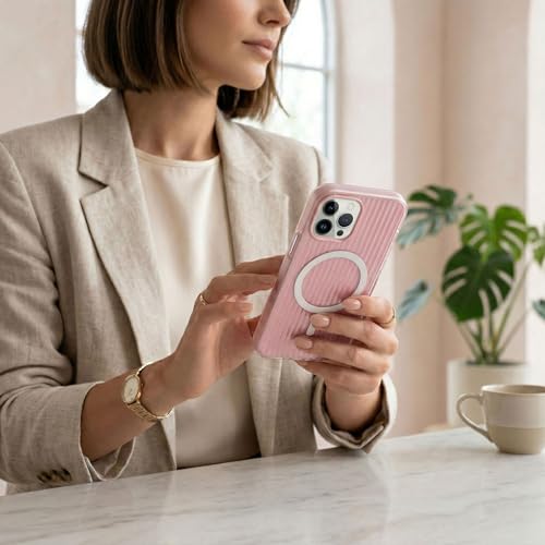 Image of amazon basics Streak Magnetic Protective Cover Compatible with iPhone 15 Pro | MagSafe | Camera & Body Protection|Anti Shock,Scratch Resistant|Precise Cutouts Modern Design|Wireless Charging - Pink