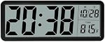 Horloge murale numérique silencieuse avec grand écran, 12/24 heures de format, affichage de la date et de la température, polyvalence deux mode de puissance grande LCD Horloge d'écran pour la chambre à coucher du bureau Cuisine de salon (noir)