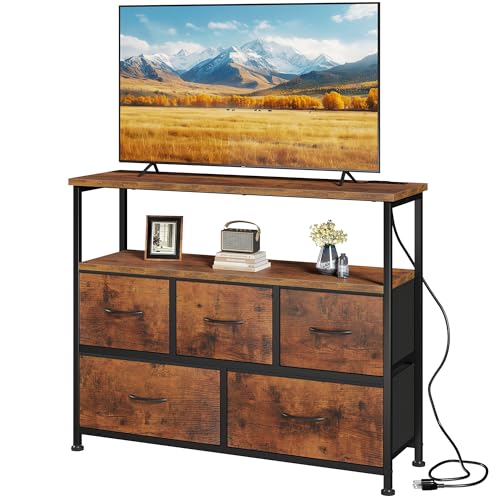 DUMOS TV Stand, Dresser with 5 Fabric Storage Drawers, Media