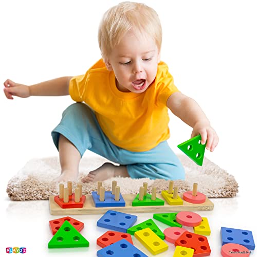 Play22 Shape Sorter Color Wooden Bard - Educational Toys for Toddlers - Kids Learning Toys Stack and Sort - 20 Pieces Geometric Board Chunky Puzzle Great Gift for Boys and Girls - Original by Play22