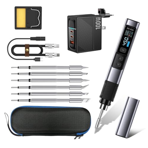 JOJOCY HS-02A Portable Digital Soldering Iron Kit, 100W 180-842°F/100-450°C 2s Fast Heating 6 Soldering Tips Plug-in With Bag Auto Sleep