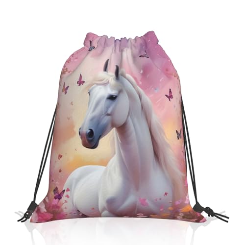 Leseogye Sac à cordon de serrage en polyester imperméable avec cordon de serrage Motif cheval et papillon Sac de sport Sac de natation pour enfants pour...