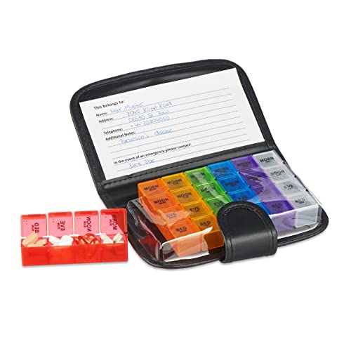 Relaxdays pillendoosje 7 dagen, 4 vakken per dag, Engelse opschriften, medicijndoosje voor onderweg, transparant/zwart