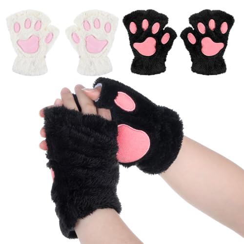 2 Paare Katzenpfoten Handschuhe Weiche Plüsch Fingerless Gloves Cartoon Tier Katze Krallen Handschuhe Winter für Halloween Weihnachten Cosplay Kostüm Zubehör(Schwarz,Weiß)