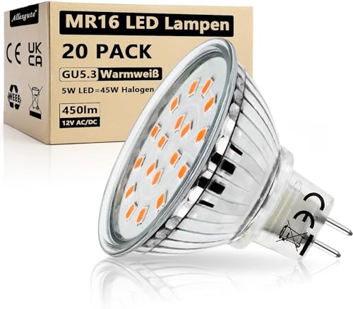 Allesgute GU5.3 MR16 LED Lampe Warmweiß 5W ersatzt für 45W 50W Halogen Leuchtmittel 450lm LED Strahler 12V AC/DC Spot Mit GU 5.3 Sockel Glühbirne, 20er Set