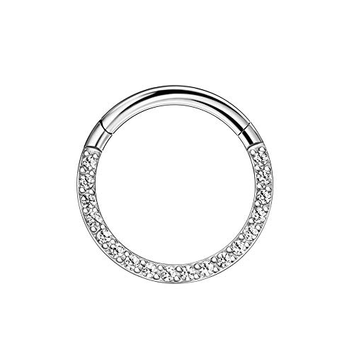 Fansing 16 Gauge 8Mm Titanium Daith Earrings For Women Silver Ear Piercing Jewelry Helix Cartilage Hoop 5/16" Septum Jewelry Hinged Septum Nose Rings 16G Clicker Cubic Zirconia Septum Hoop #TOP29