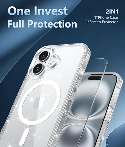 Image of FNTCASE for iPhone 16 Plus Case: Clear Magnetic Phone Cases Compatible with Magsafe Slim Anti Yellowing Military Grade Drop Rugged Protective Transparent Cell Phone Cover (B-Glitter Magnetic)