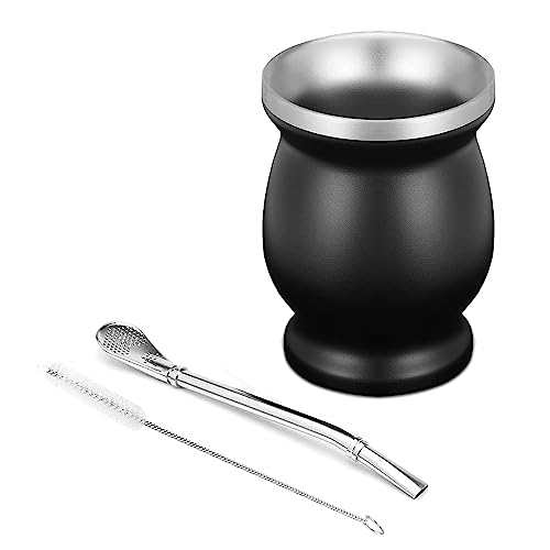 Tazze Mate Isolamento Termico per Bevande: 230ml Nero Set Yerba Mate con Paglia e Spazzola - Tè Caffè Latte Succo Tazze Mate Isolamento Termico per Bevande: 230ml Nero Set Yerba Mate con Paglia e Spazzola - Tè Caffè Latte Succo