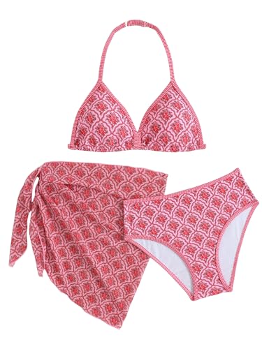 Image of SEGT Girl's 3 Piece Striped Bikini Swimwear Cute Swimsuits Bathing Suit High Waisted with Cover Up Beach Skirt
