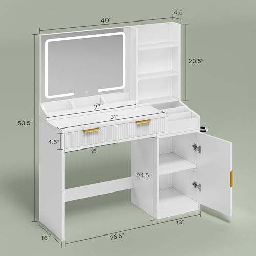 Image of DWVO Fluted Makeup Vanity Desk with Large Mirror and Lights, Makeup Table with Power Outlet, Shelves & 2 Drawers, 3 Color Lighting Modes