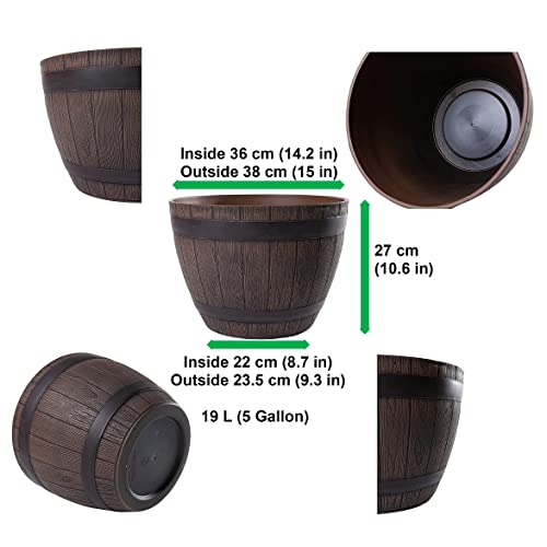 Jinfa Blumenkübel Holzfass Optik Ø36-38 cm – Pflanzkübel Kunststoff – Ideal als Miniteich & Übertopf – Wasserdicht, Frostfest, Ohne Ablaufloch