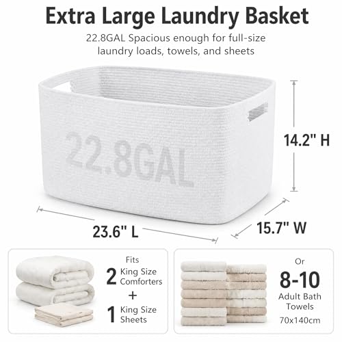 Image of Cotton Rope Laundry Basket Extra Large, 22.8GAL Collapsible Woven Storage Baskets for Living Room Kids Toys Stuffed Animal,Boho Rectangular Decorative Hamper for Dirty Clothes, Blankets Pure White