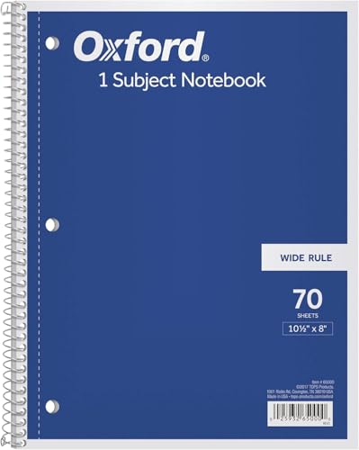 Oxford 1-Subject Spiral Notebook, Wide Rule, 8 x 10.5 Inch, Bright White Paper, 70 Sheets per Book, Cover Color May Vary, One Notebook (65000)