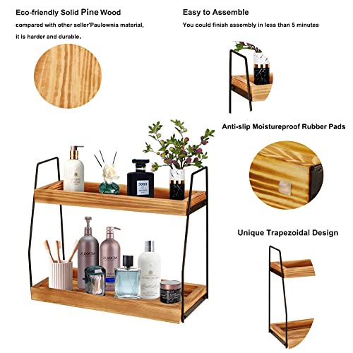 2 Tier Bathroom Organizer Countertop, Pine Wood Bathroom Sink Tray For Counter Storage Shelf, Vanity Tray For Perfume Lotion Cosmetic Hair Dryer, Standing Rack Spice Rack For Kitchen Counter (Brown) #TOP1