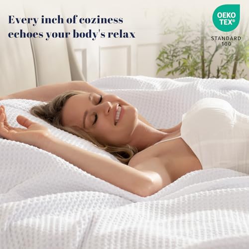 Image of PHF 100% Cotton Waffle Blanket Lightweight Breathable, Twin Size, White | Pre-washed Soft Cozy Summer Throw for Hot Sleepers, Textured Decorative Layer for Bed Couch Sofa Guest Room, Giftable