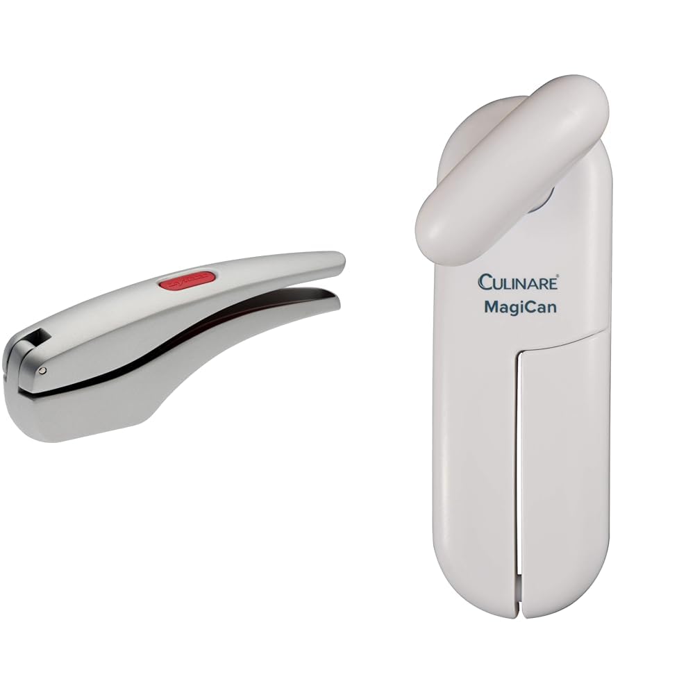 Zyliss Garlic Press Susi 3, Aluminium, Silver, No Need to Peel Garlic Crusher & Culinare C10015 MagiCan Tin Opener, White, Plastic/Stainless Steel, Manual Can Opener, Comfortable Handle for Safety