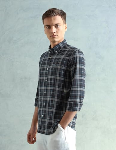 Image of Arrow Sport Men Slim fit Cotton Checked Long Sleeves Spread Collar Shirt