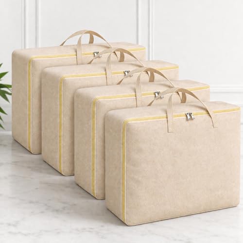 Image of SITTELLA 4 Pack Large Foldable Storage Bags 58 L | Fabric Storage Organizer Box with Zip | Blanket, Quilt & Household Item Storage | Space Saving Storage Container | Beige