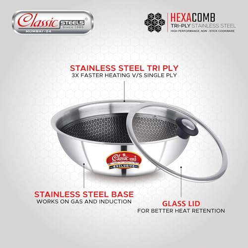 Image of Classic Steels Hexa Comb Triply Stainless Steel Tasla with Glass Lid - 3 LTR (26cm) | Induction & Gas Compatible | Silver | Healthy Oil-Free Cooking | Durable & Rust-Free | 2.5mm Thickness