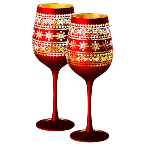 Christmas Crystal Winter Tree Wine & Water Glasses - Set of 2 - Winter Themed Red & Gold Etched Wonderland Frosted Glassware, Perfect Seasonal Parties, Tree Decor, and Unique Holiday Gifts Him & Her