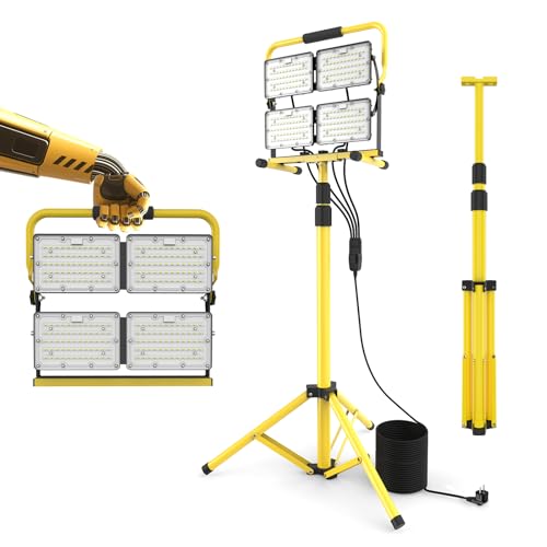 26000LM LED-Arbeitsleuchte mit Ständer, tragbare Arbeitsleuchte mit 4 Köpfen und 5,0 m langem Kabel – IP66 wasserdichte Flutlichtleuchte für Werkstatt, Garage, Baustelle und Außenbeleuchtung