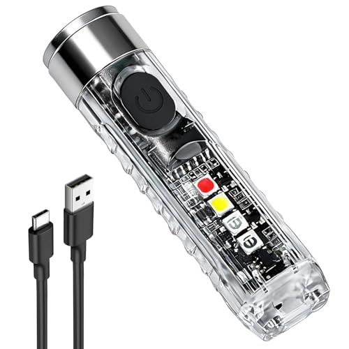 Mini Linterna LED Recargable con Cable USB, Mini Linterna Llavero EDC con Blanco Luz Lateral UV Rojo Azul, Base Magnética Linterna de Bolsillo para Emergencias Camping Aire Libre
