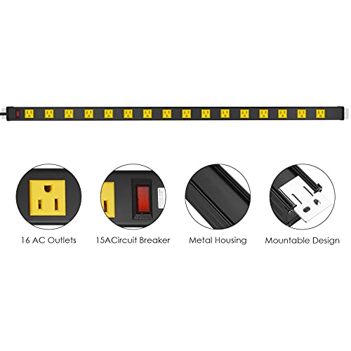 Junnuj Long Metal 16 Outlet Wide Spaced Garage Industrial Heavy Duty Power Strip With 6 Ft Cord 15A, 125V, 1875W. #TOP1