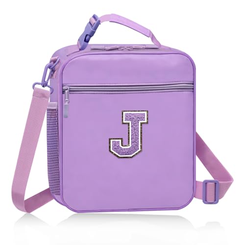 MOVOYEE Lunch Box for Kids School Lunch Bag for Girls Teens Womens Work Travel Picnic Cooler Insulated Carrier Bag, Large Lunch Tote Bag with Water Bottle Pocket Handheld Strap Compartment Purple J