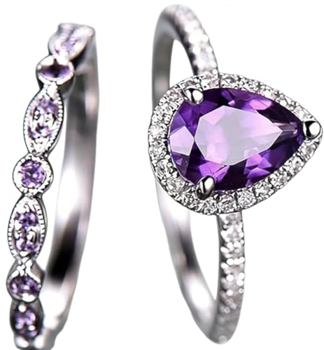 925 Sterling Silver Teardrop Shape Shiny Amethyst Ring 3Ct Cubic Zirconia Promise Ring Set CZ Halo Ring Eternal Full Diamond Engagement Wedding Set Jewelry-Making-Patterns